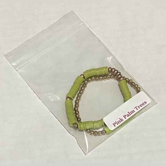 Green/Gold Clay Heishi Disc Beaded Bracelet Set (2) Boho Classic Coastal Preppy - Picture 6 of 6